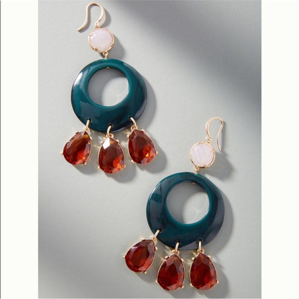Anthropologie Resin Drop Earrings Green Statement Retro Circle Amber